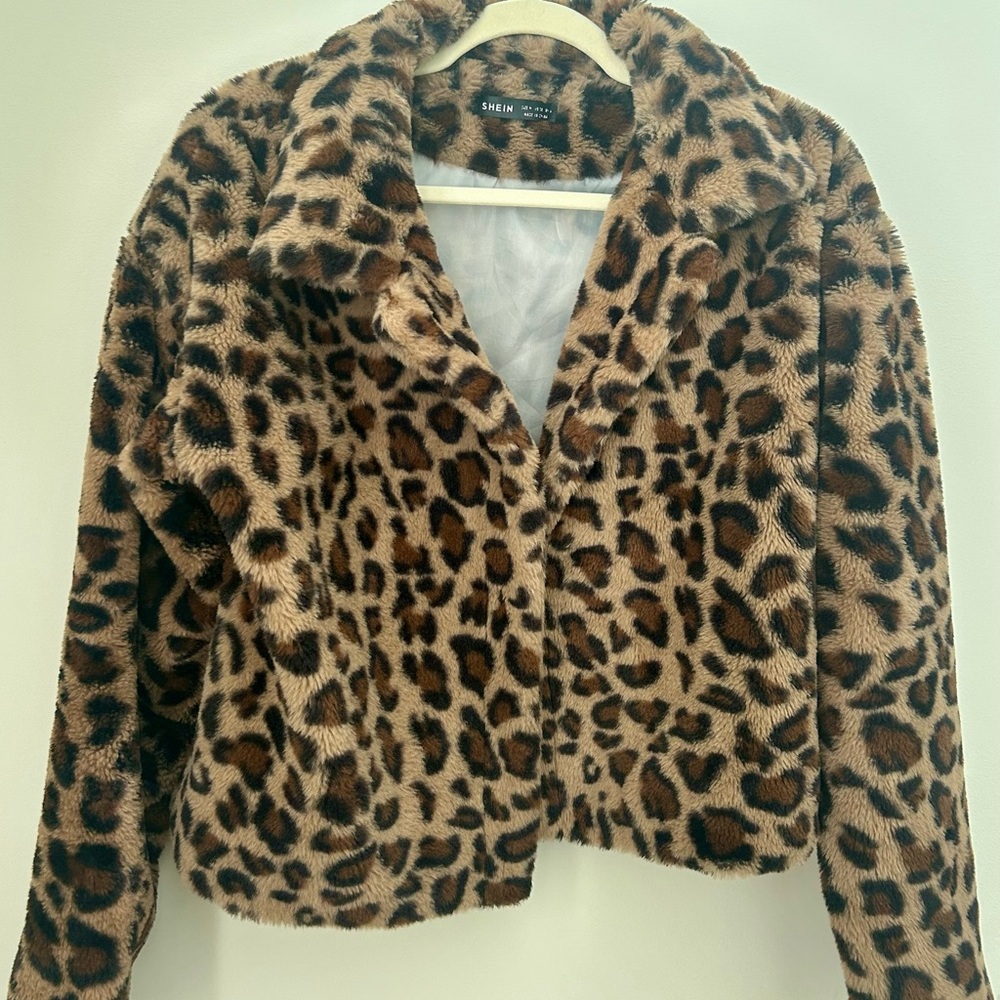 SHEIN Leopard Print Faux Fur Jacket